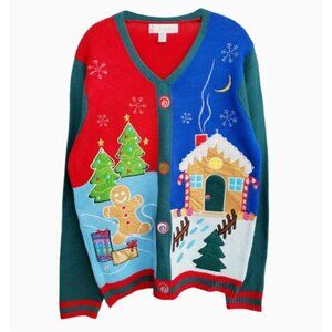Ugly Christmas Sweater Cardigan With Gingerbread & Snowman Design Medium‎